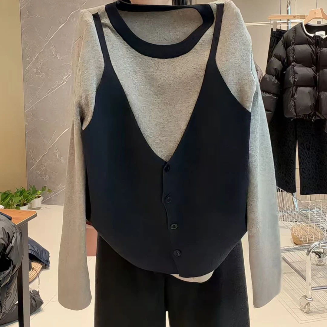 今年流行穿搭2025秋冬新款温柔风拼色显瘦针织假两件百搭长袖上衣