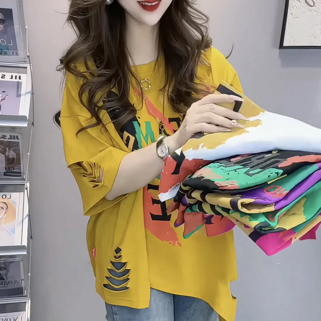 短袖立体装饰宽松型印花破洞T恤时尚夏季运动港风韩版休闲