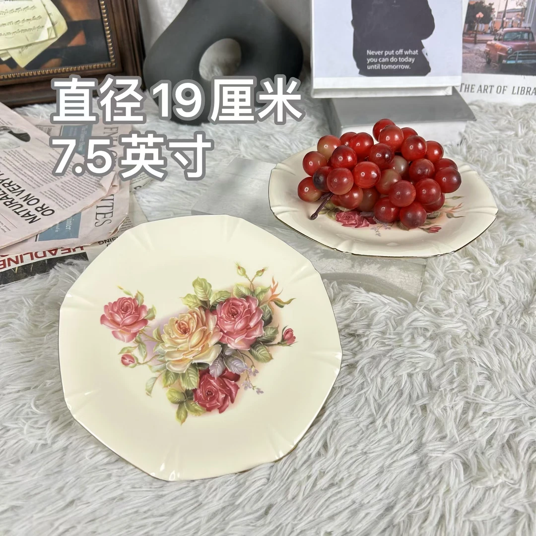 陶瓷欧式象牙黄老镇玫瑰系列7.5英寸平盘蛋糕盘
