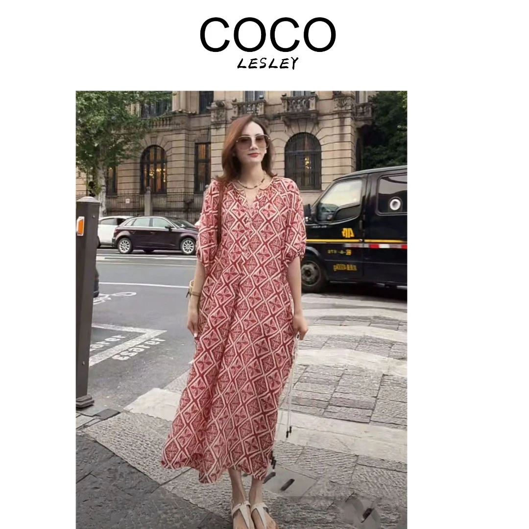 【COCO LESLEY】夏季新款印花气质宽松显瘦收腰连衣裙A518