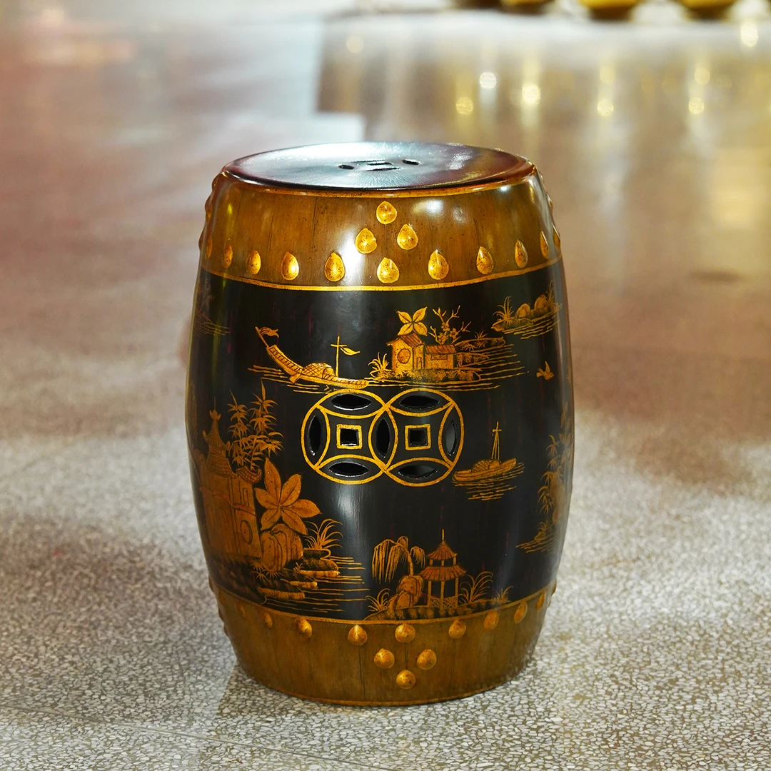 【本尼家】YS158法式中国风仿古木色黑底手绘山水人物陶瓷边几鼓凳