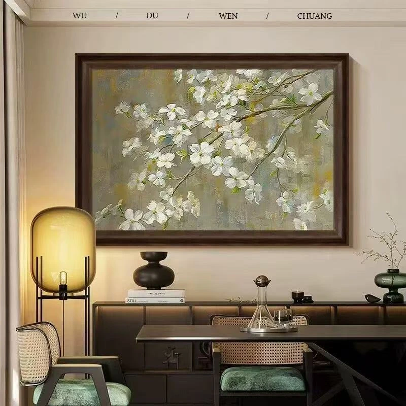 D26《花满春枝》法式中古风苹果花卉绿色复古餐厅卧室挂画60*80