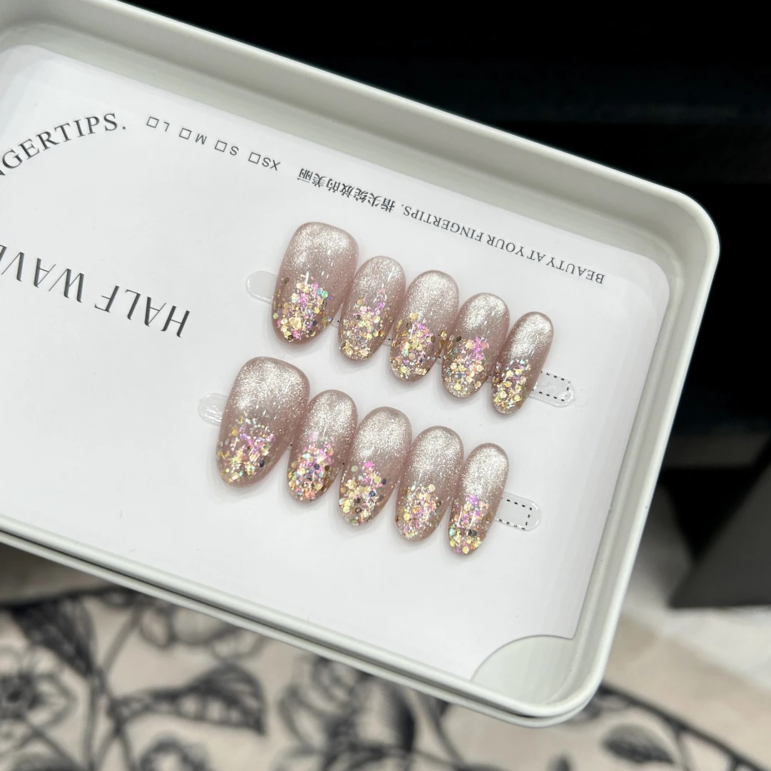 【莉莉安】蓝珊手工穿戴甲布灵布灵爆闪猫眼碎钻胶亮片渐变纯欲温柔