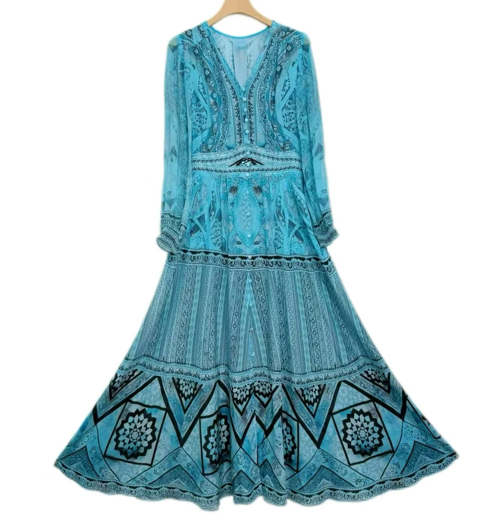 【多米拉】00525-5蓝色梦境桑蚕丝宽松连衣裙大码印花修身时尚高贵