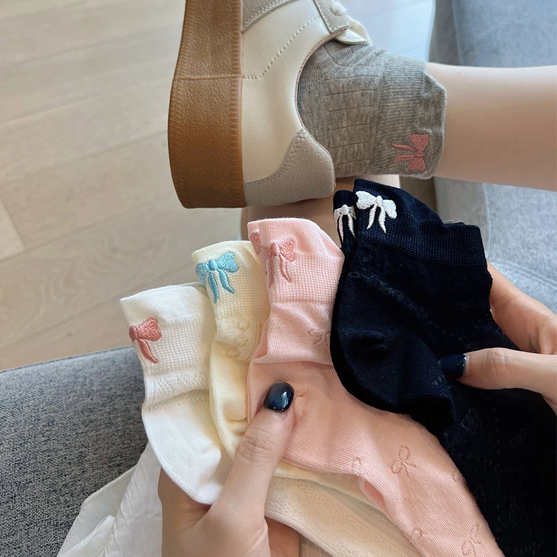 袜子女夏季薄款棉袜透气防臭脚女款白色灰色短袜蝴蝶结ins潮夏天