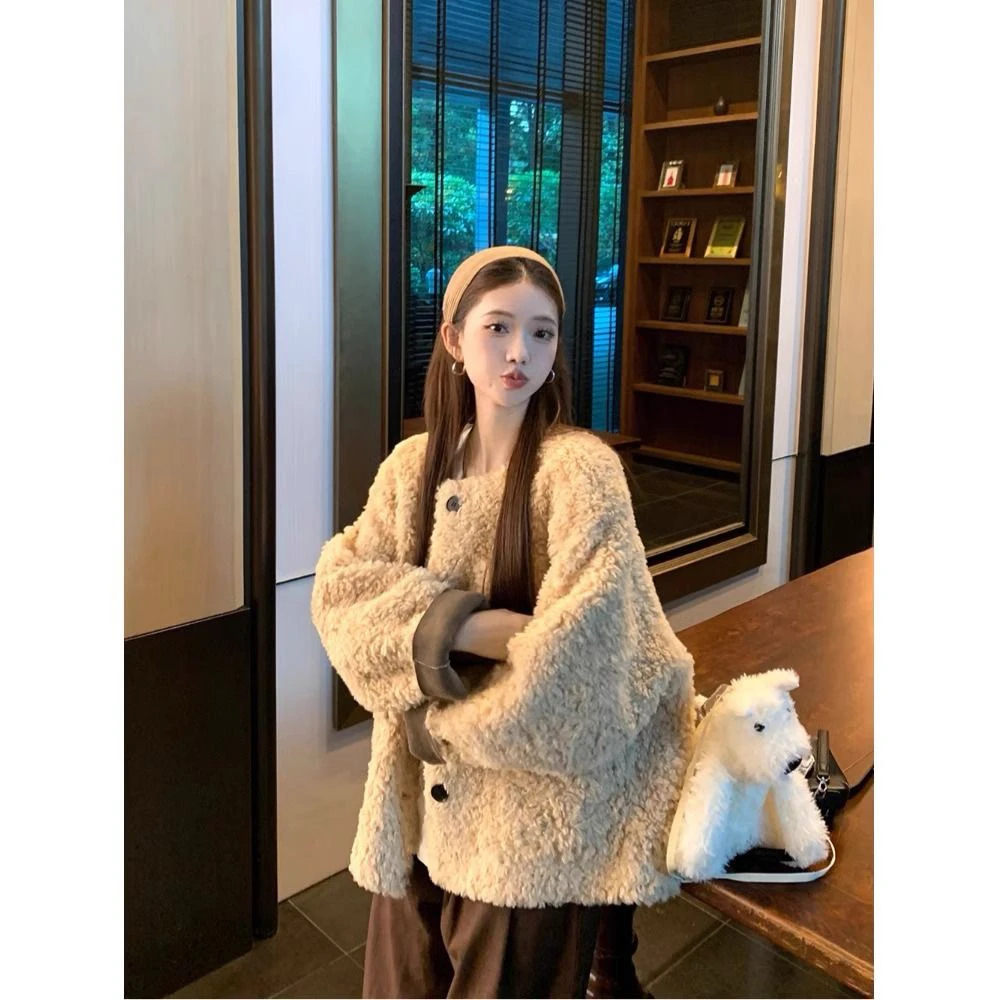 仿羊羔毛圆领长袖外套女装2024秋冬新款韩系宽松减龄百搭保暖上衣