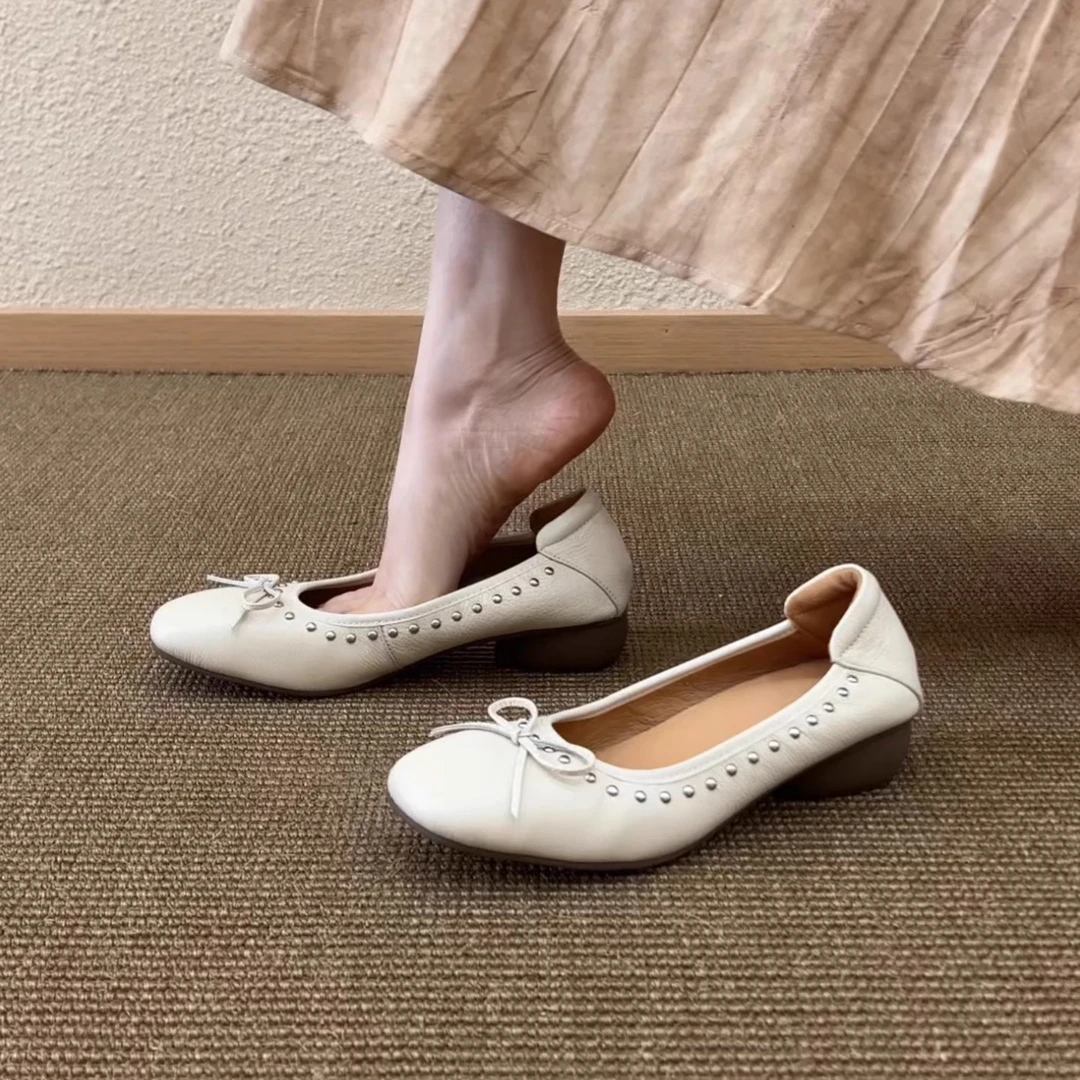 Pokoy-3cm通勤褶皱圆头粗跟单鞋浅口芭蕾鞋温柔蝴蝶结