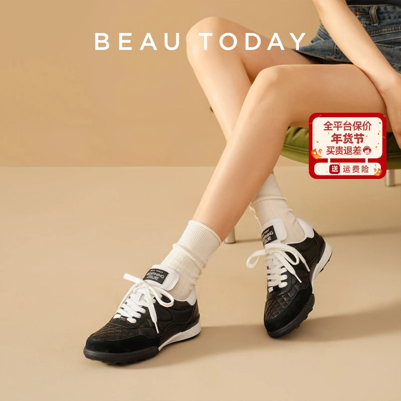BeauToday【牛皮】菱格纹时尚黑白简约德训鞋女款明星同款百搭鞋子