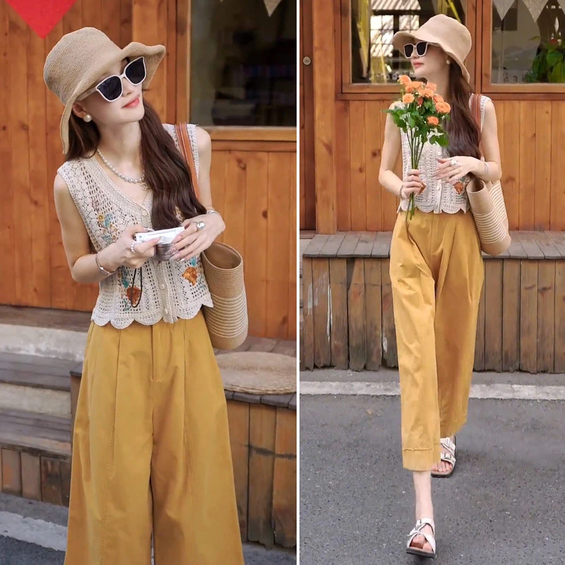 时尚套装设计感镂空刺绣无袖短款背心女高腰直筒阔腿九分裤两件套