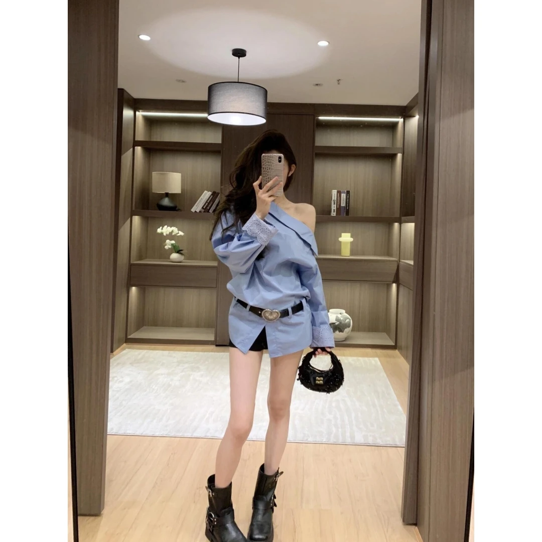 法式纯欲辣妹斜肩长袖衬衫女秋季小众设计高级感气质衬衣上衣短裤