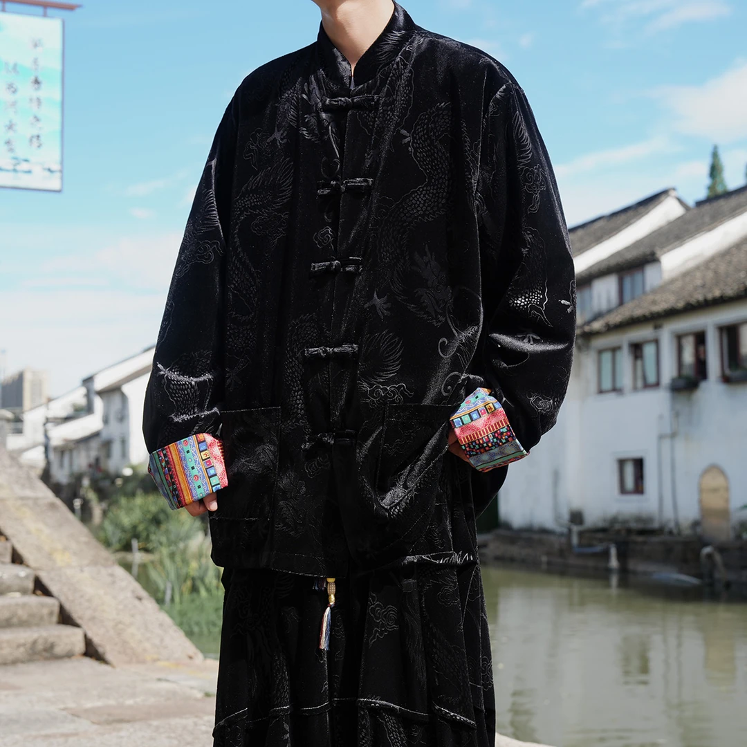 秋冬季中国风龙纹提花金丝绒唐装外套大码宽松潮牌立领中山装夹克