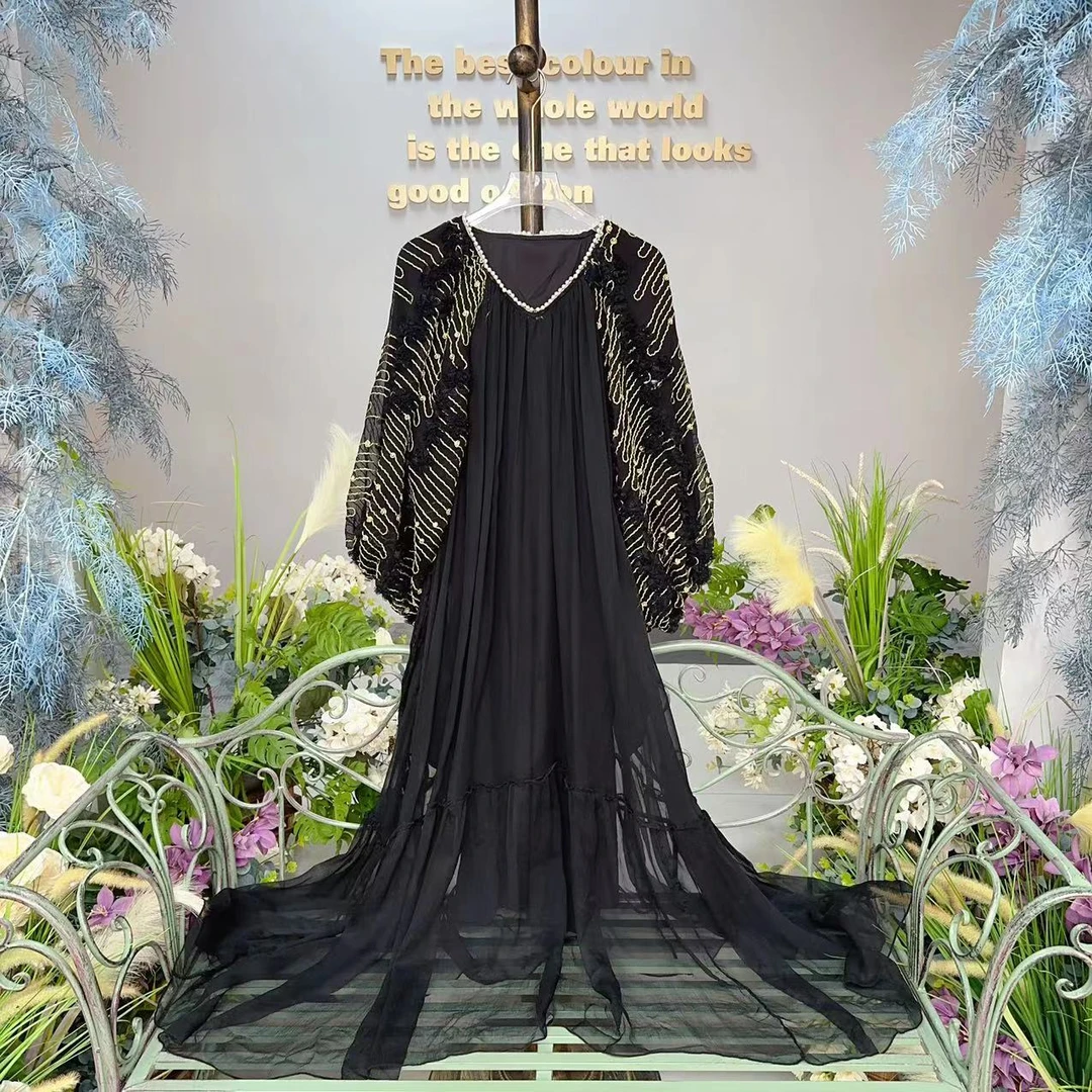 2025春季新款重工钉珠拼接真丝桑蚕丝连衣裙女宽松大码长期沙滩裙