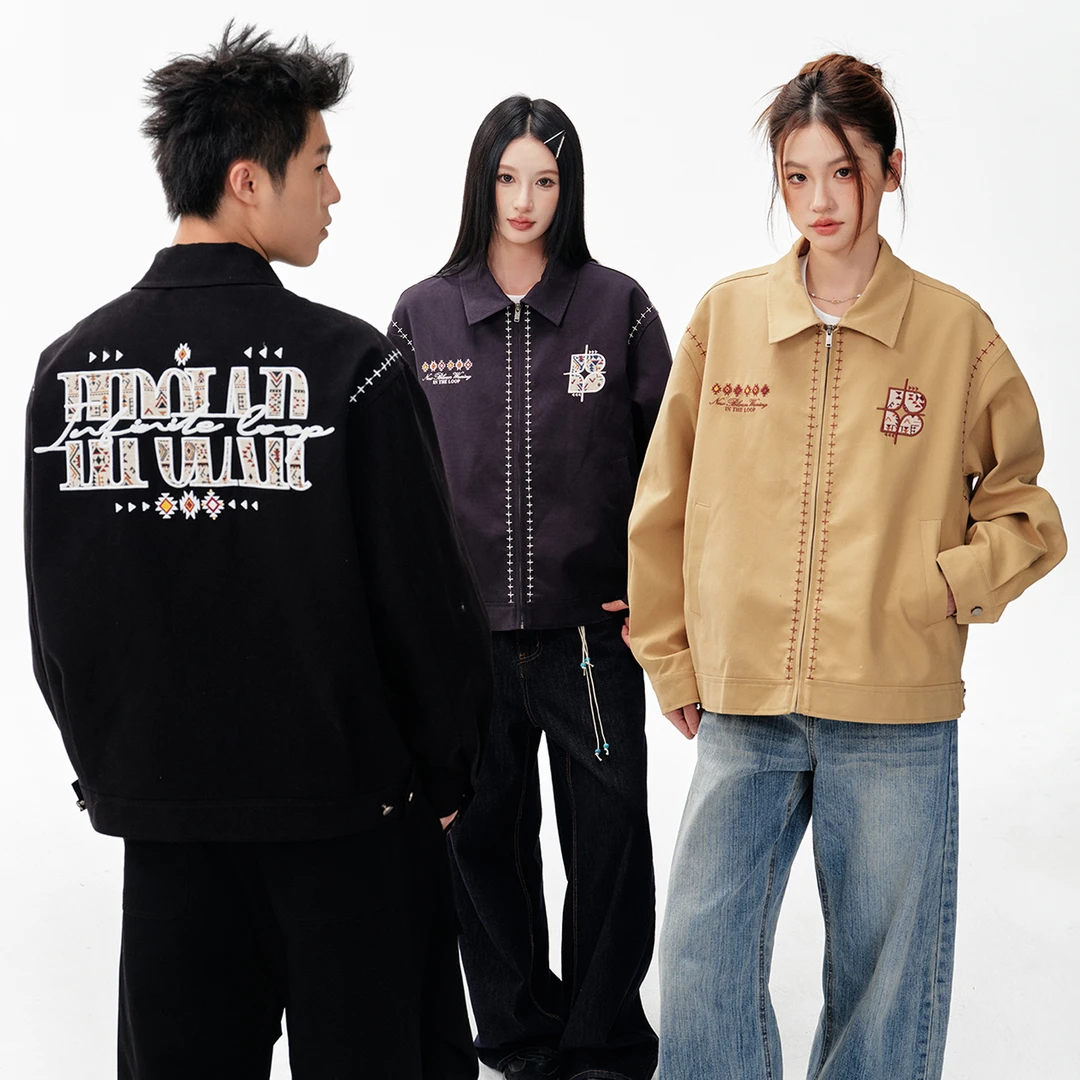 BIPOLAR民族风刺绣十字绣边断开字复古琥珀流光风翻领夹克 19Z147