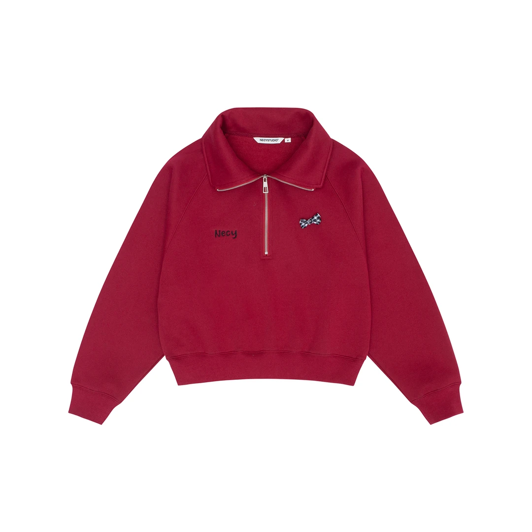 NECY美式校园三色半开蝴蝶结卫衣秋冬宽松休闲加绒外套