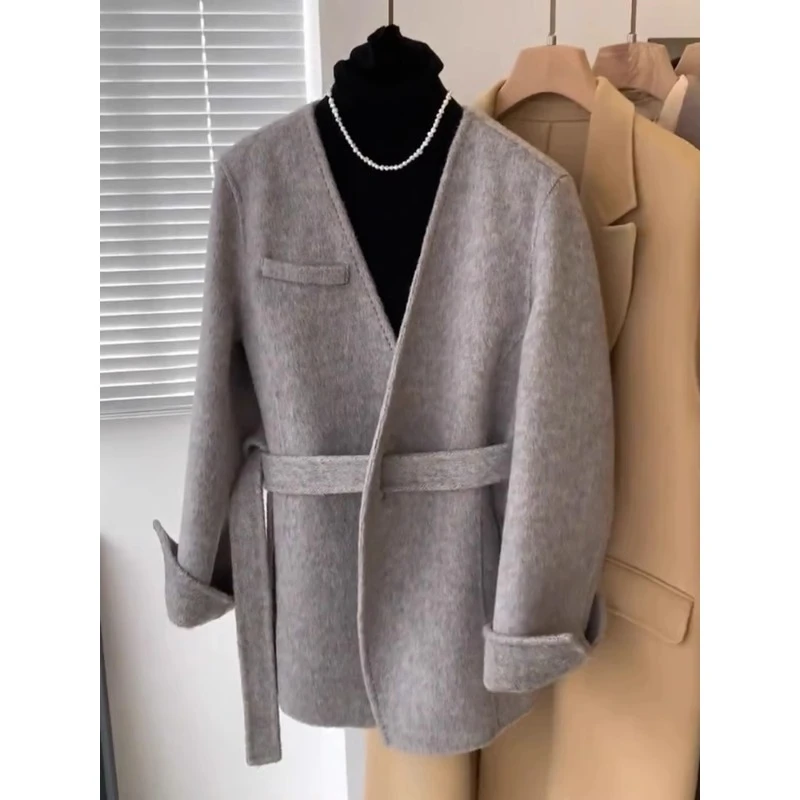 JYD28667高级感小众加厚中长款呢子大衣小香风灰色毛呢西装外套冬