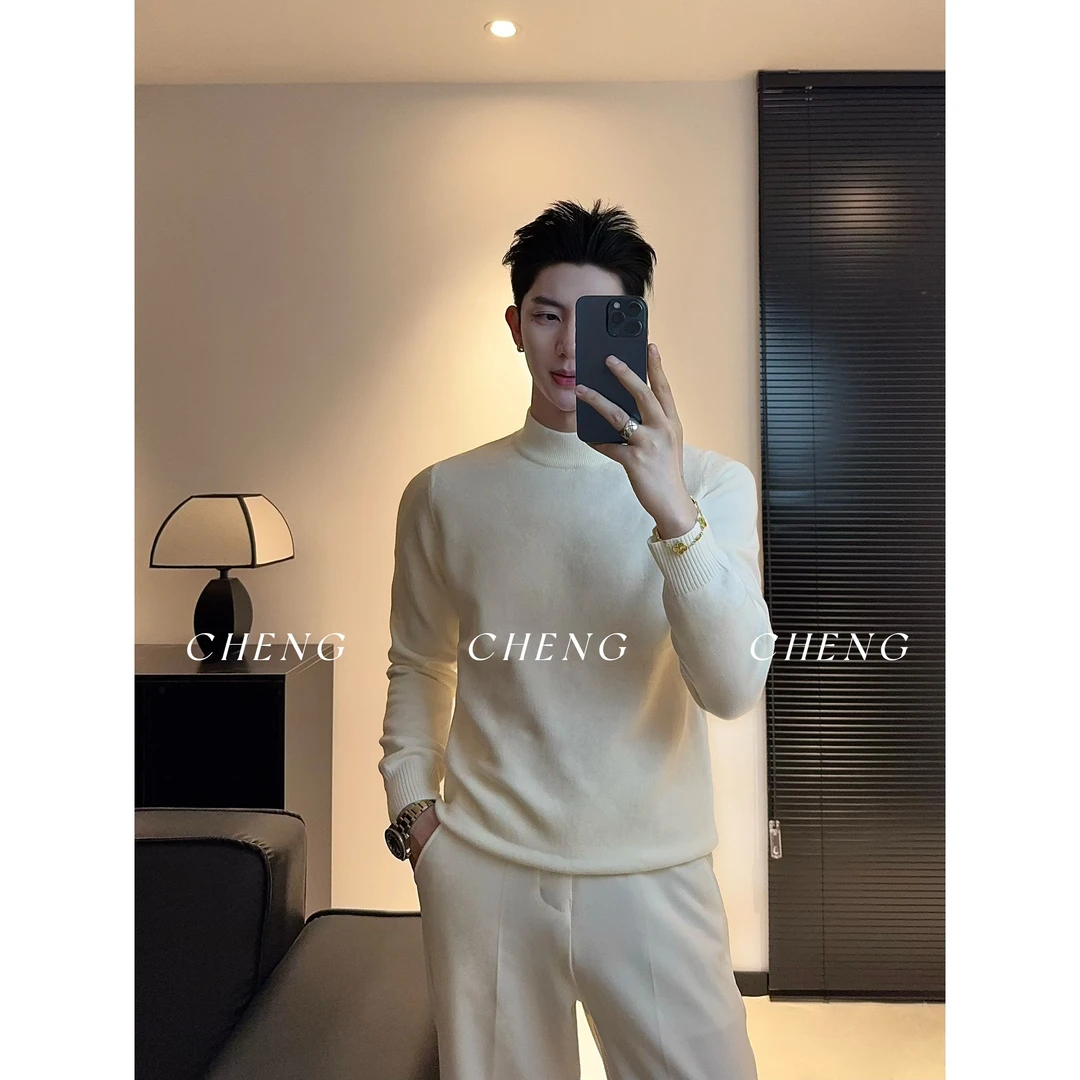 「程程的试衣间」秋冬高品质半高领尼龙混纺打底衫休闲时尚针织衫男