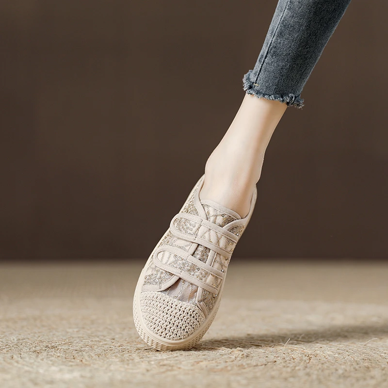 小香风蕾丝网面渔夫鞋女魔术贴休闲板鞋2025夏季薄款透气帆布单鞋