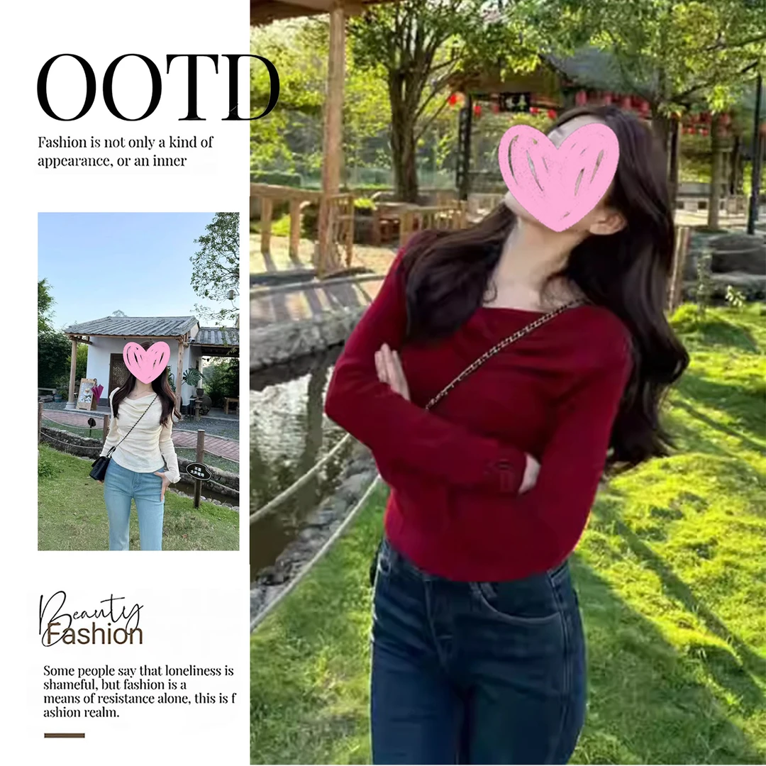 巨好看轻熟法式一字肩立体花朵红色针织衫女秋冬修身早秋chic上衣