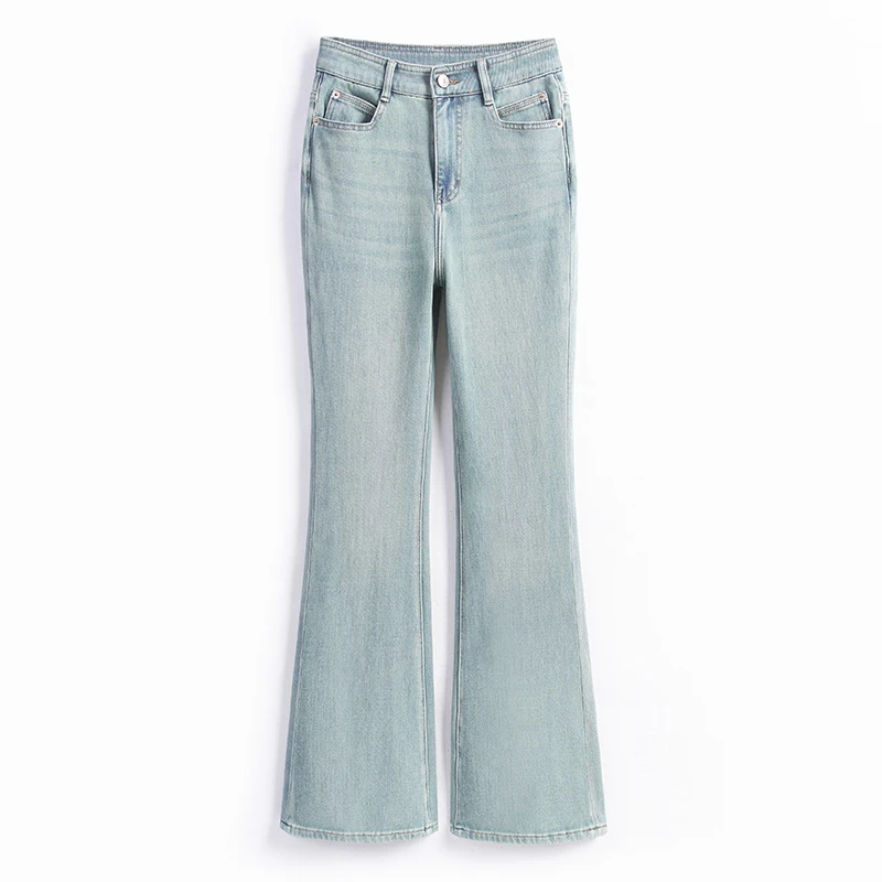 惰性时髦/时尚休闲新款定制冰川绿巨显瘦高腰四面弹微喇牛仔裤女