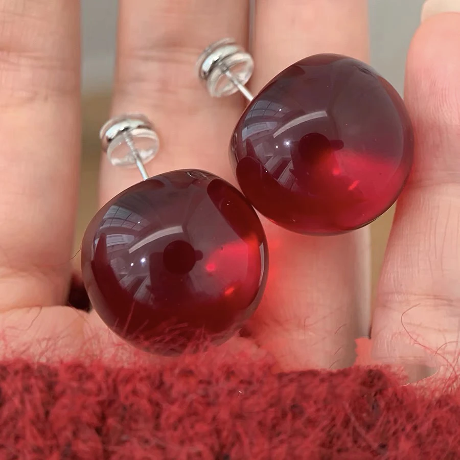 铜合金树脂耳饰 法式复古车厘子珠珠耳钉简约百搭气质耳环