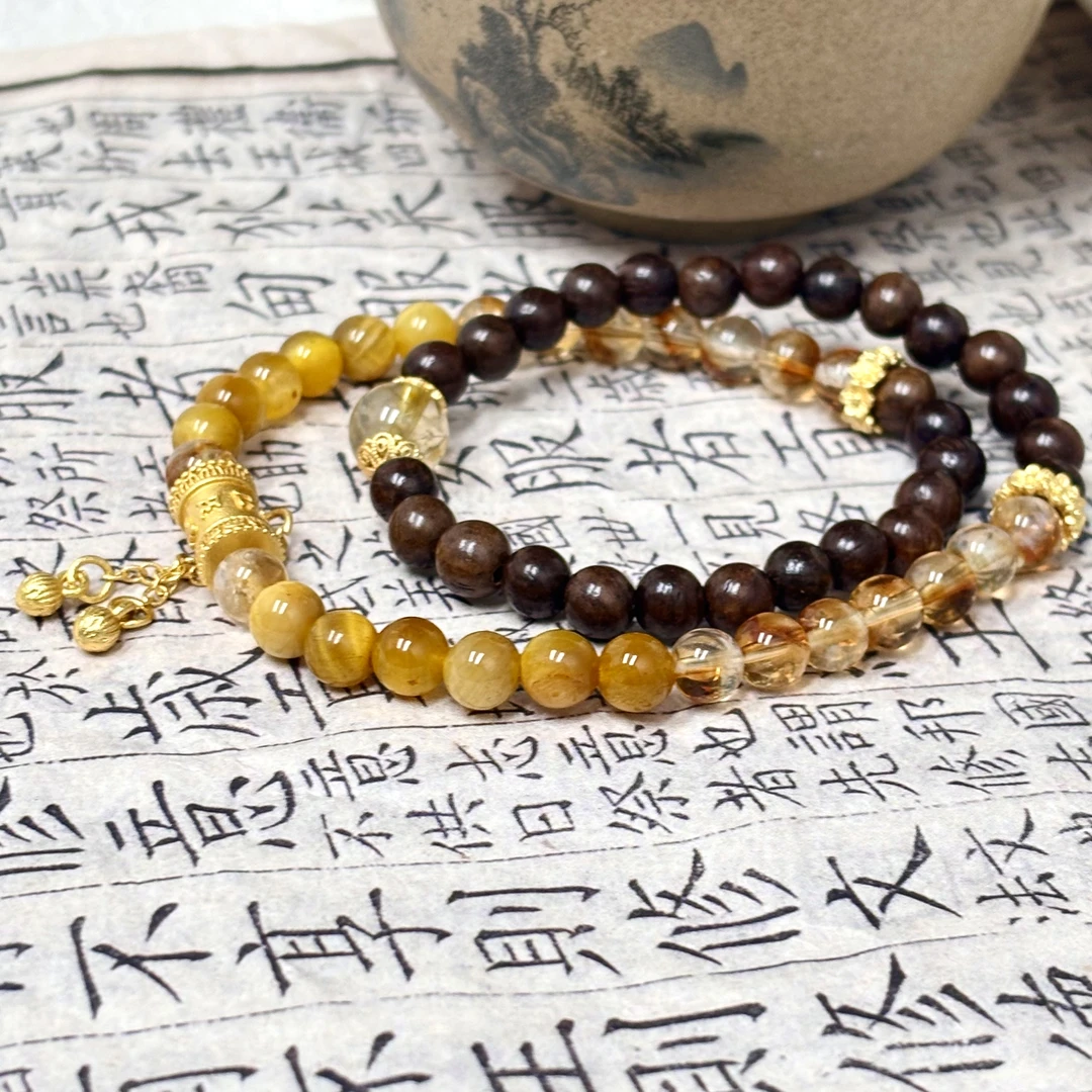 cb3266 黄塔晶 金发晶 金虎眼 沉香 水晶手串