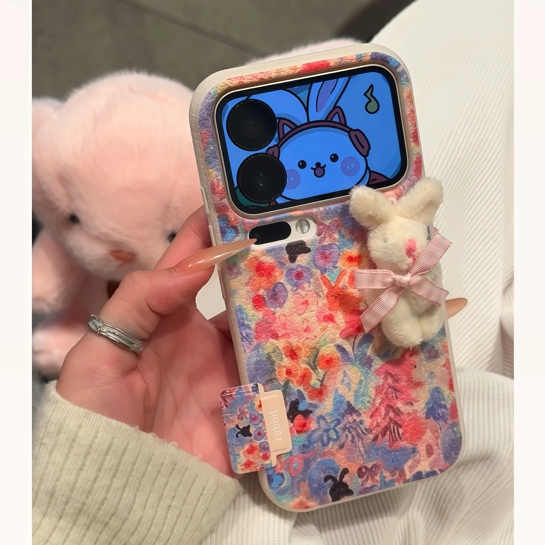 欧克里里复古油画毛绒兔标签适用苹果17/16手机壳华为vivoppo小米