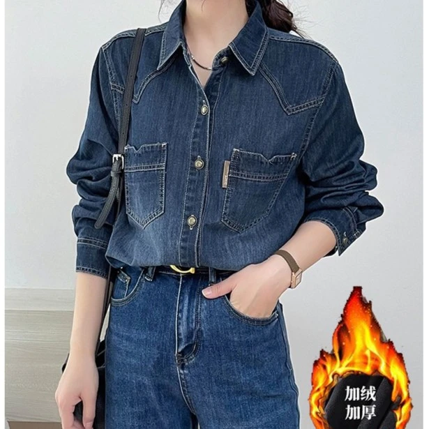 韩版时尚加绒软牛仔衬衫女2025爆款显瘦气质高级感保暖百搭衬衣潮