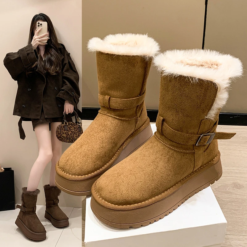 厚底雪地靴女冬季毛毛中筒靴女加厚加绒2025新款东北保暖高帮棉鞋