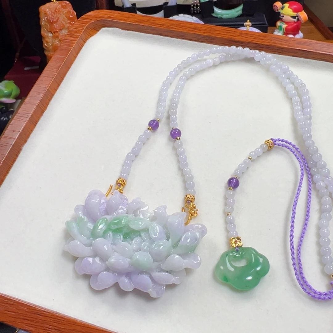 翡翠未镶嵌毛衣链春彩荷花