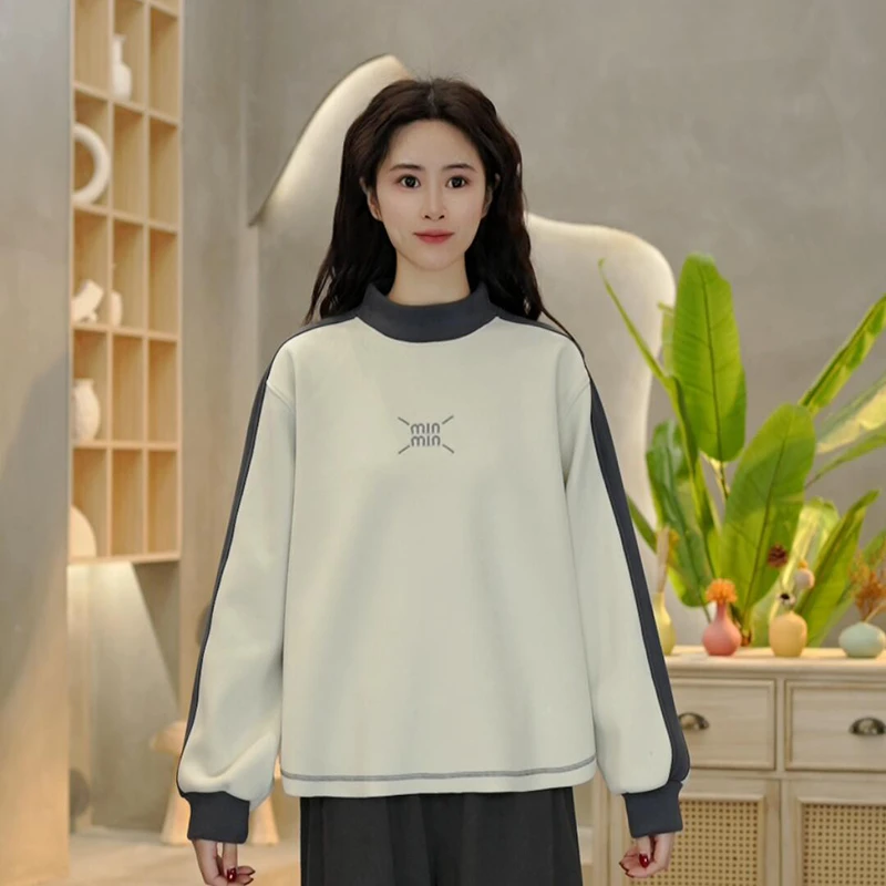 6662 冬新款纳米绒加绒加厚明线圆领字母刺绣卫衣宽松百搭上衣