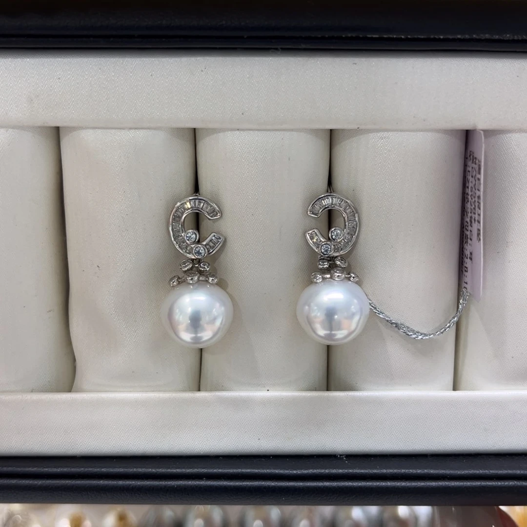 银S925镶嵌海水珍珠漏澳白C款耳坠10-11mm
