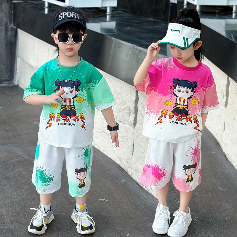 哪吒儿童服装男童短袖套装2025夏季新款多巴胺女童装夏装运动服潮