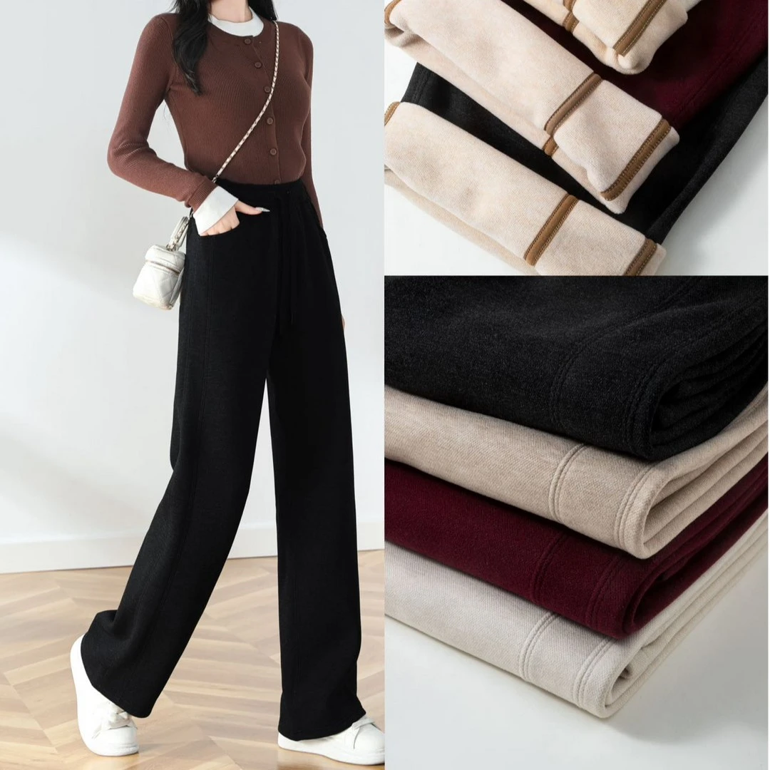 【高端系列】超厚绵羊毛+蚕丝女士冬季加绒加厚垂感窄版直筒裤M