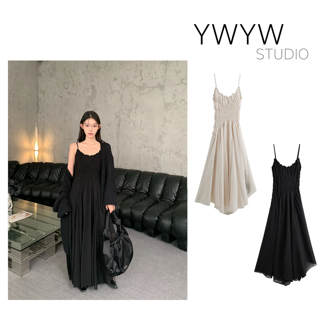 【YWYW25F/W】秋季纯色气质弹力打揽抹胸吊带连衣长裙5690