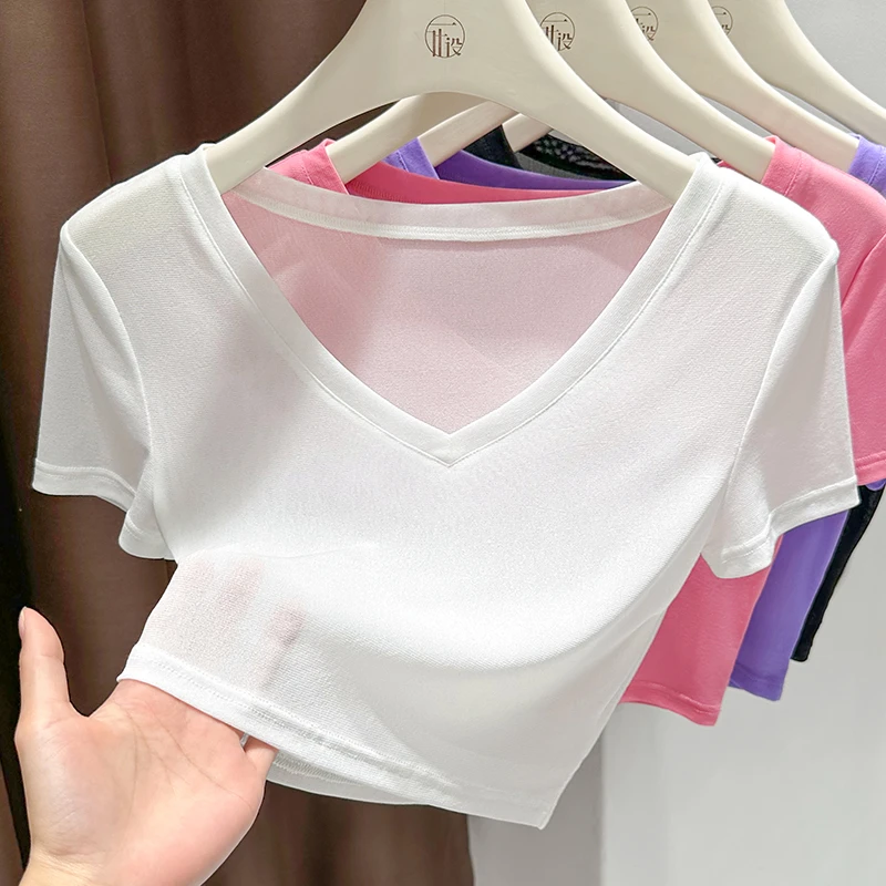 2025爆款白色短款上衣女夏季气质V领漏锁骨短袖罩衫纯欲风网纱T恤