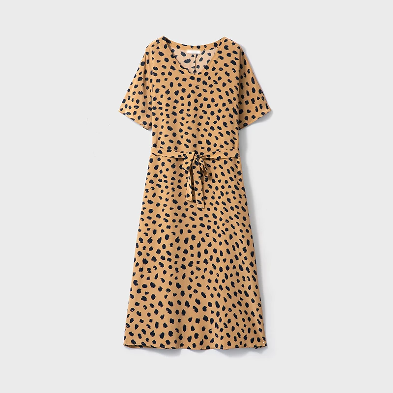 桑蚕丝双绉印花V领连肩袖本布系带收腰口袋长款短袖连衣裙 LQC085