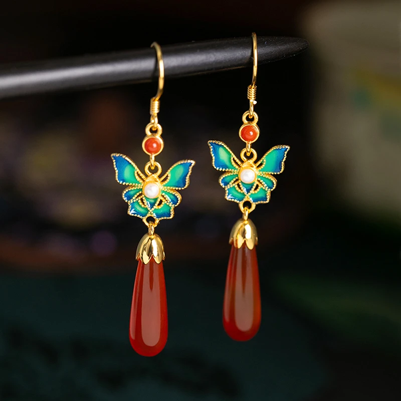 小银匠蝴蝶耳饰女玛瑙耳坠S925银耳坠珐琅古风耳钉耳环送女友礼物