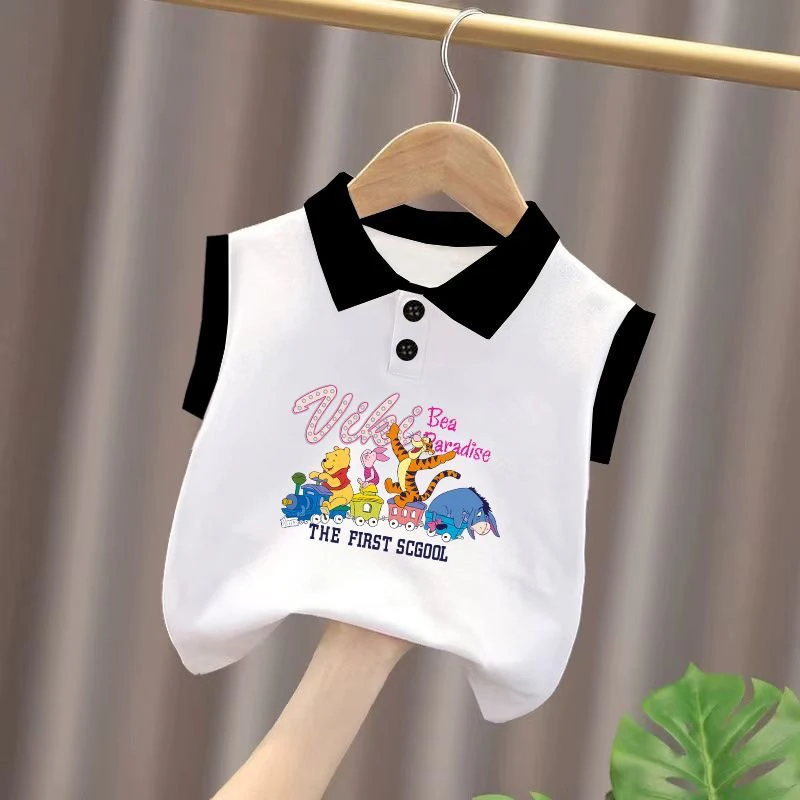 中小童新款无袖背心POLO衫男童女童拼接纯棉米奇衣服维尼熊T恤潮t