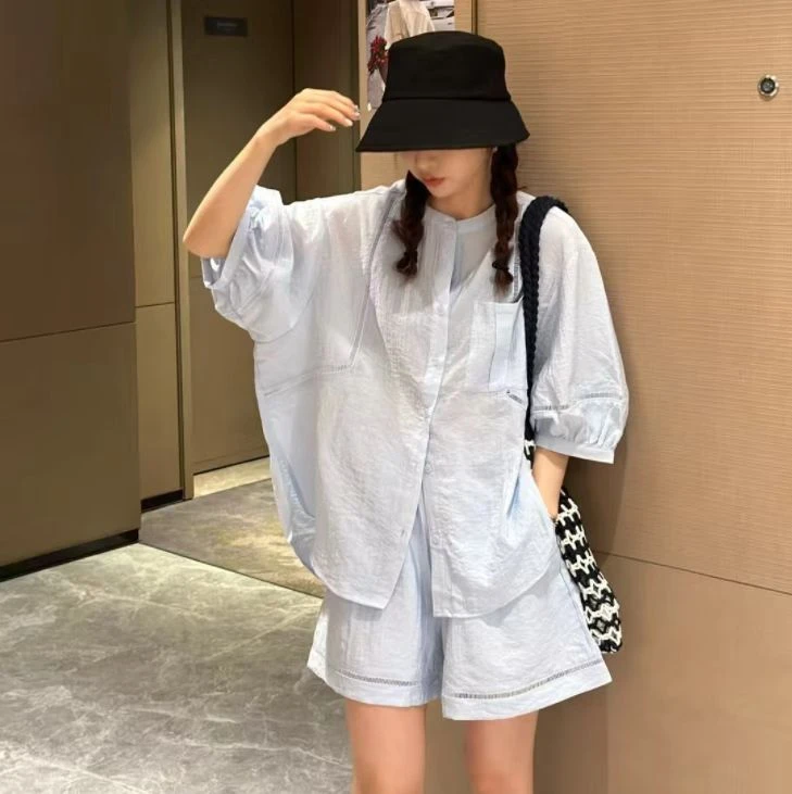 圆领拼接镂空灯笼袖衬衫+松紧腰短裤两件套2025夏新宽松显瘦套装