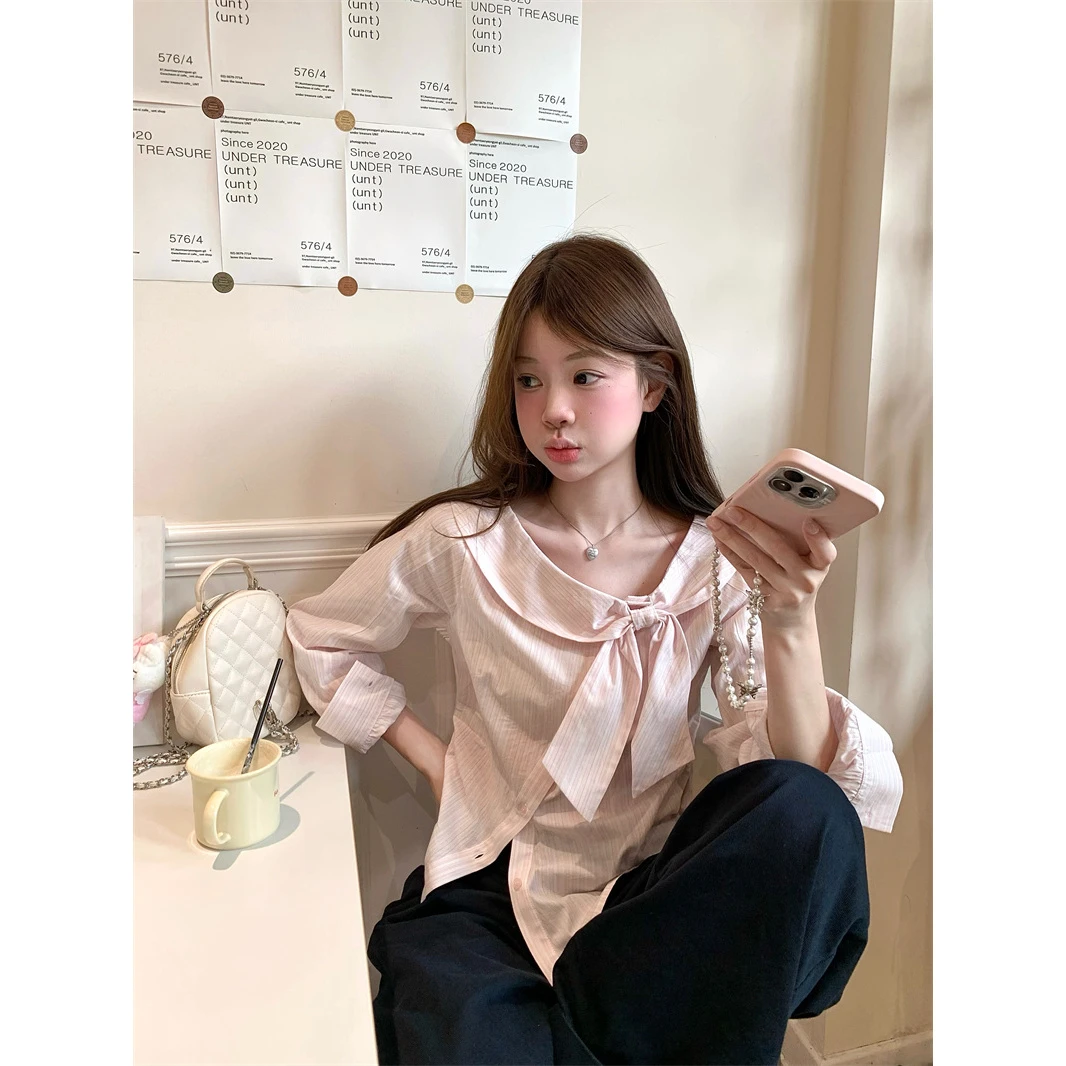 学院风粉色蝴蝶结不规则条纹长袖衬衫女新款甜美减龄百搭上衣秋季