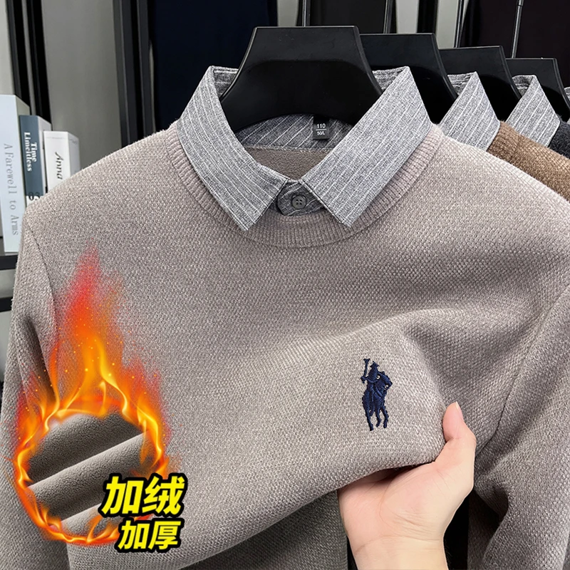 【加绒加厚】男士冬季商务休闲长袖假两件纯色针织衫衬衫领保暖上衣