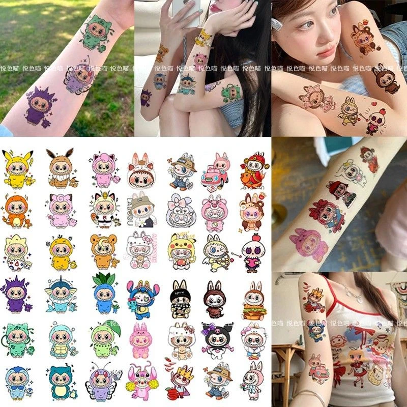 爆款labubu纹身贴可爱卡通拉布布宝可梦防水持久甜酷小众逼真贴纸