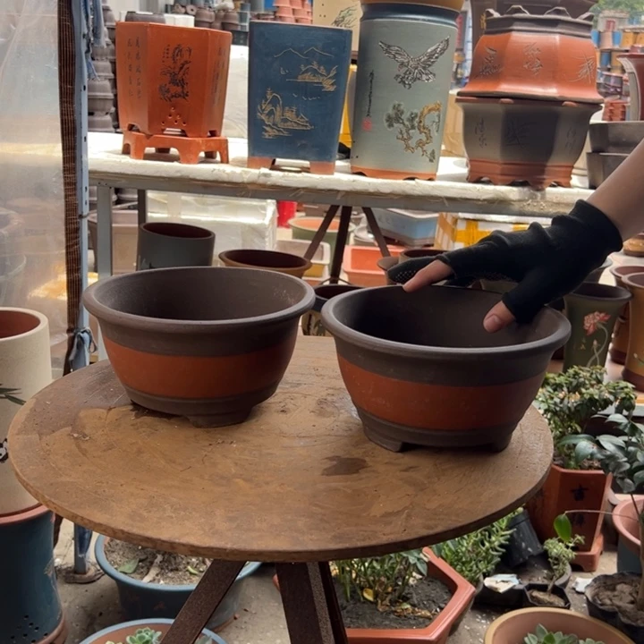 宜兴紫砂花盆红富贵点彩小一对