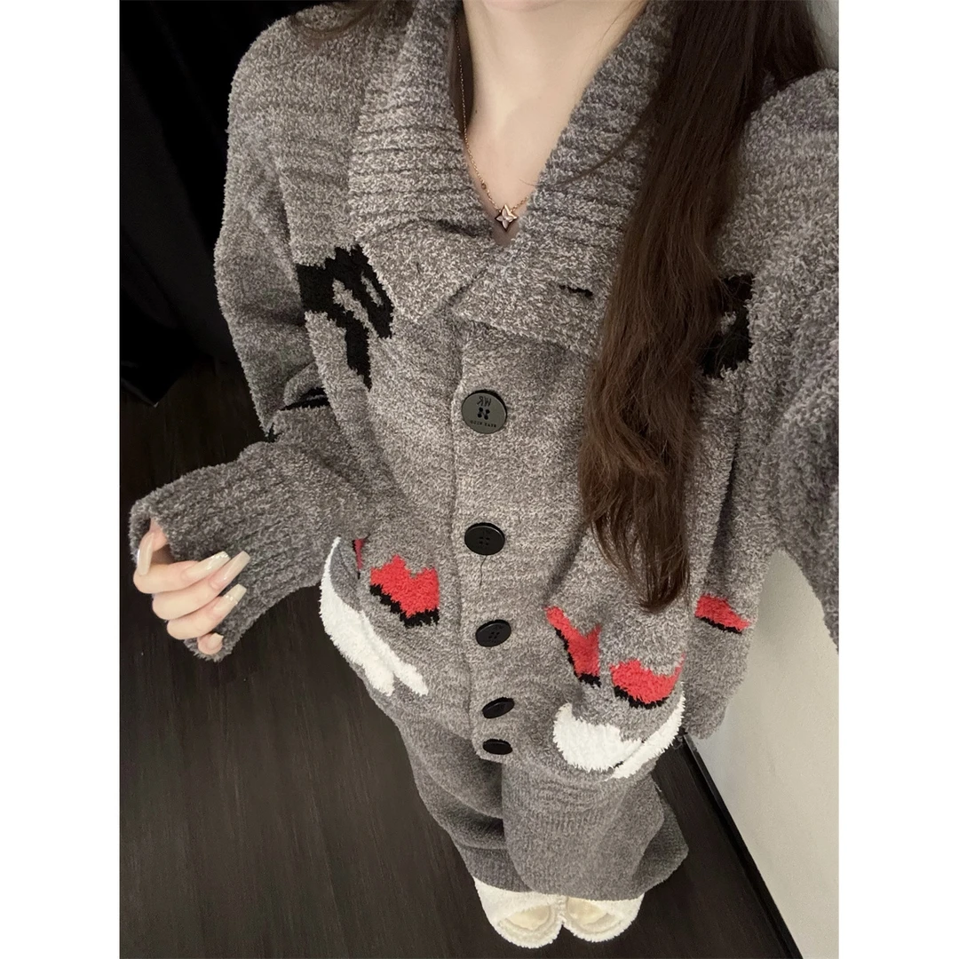 韩系慵懒风卡通印花针织半边绒睡衣女秋冬加厚保暖毛绒家居服套装