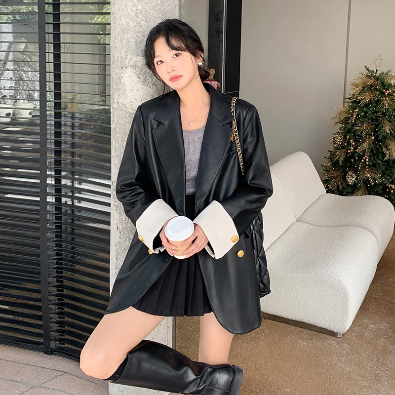 高级感黑色pu皮衣外套女2025春季新款韩系气质宽松水洗皮西服上衣
