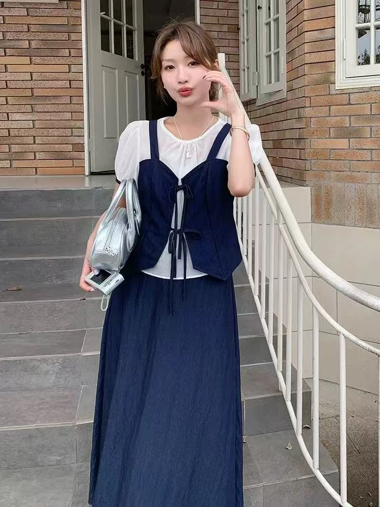 57211#2025新款时尚短袖假两件上衣半身长裙两件套套装