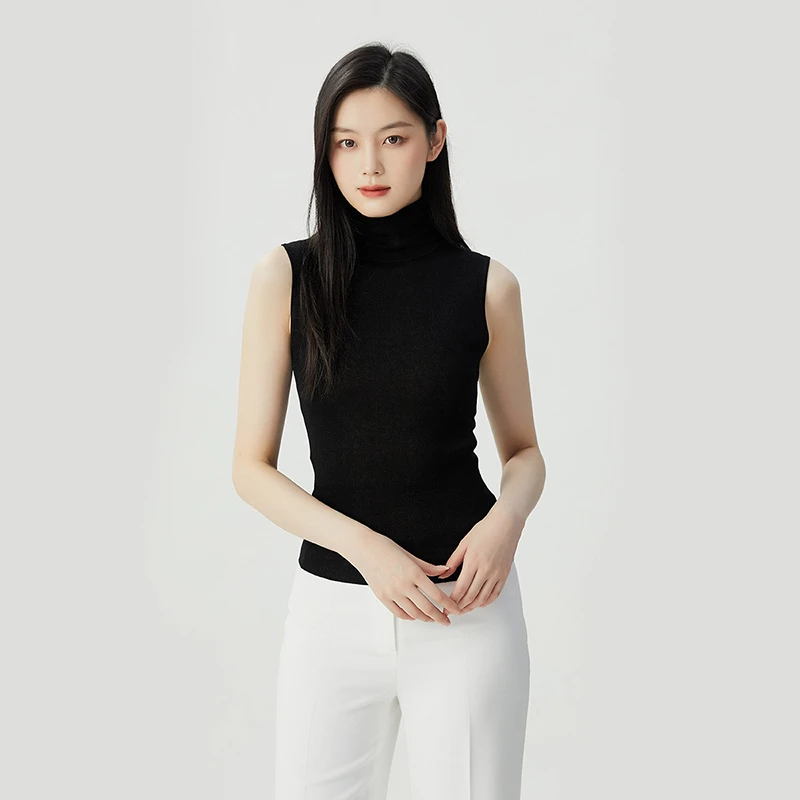 阿玛施AMASS新款女装简约百搭套头修身无袖素色高领针织衫5399649