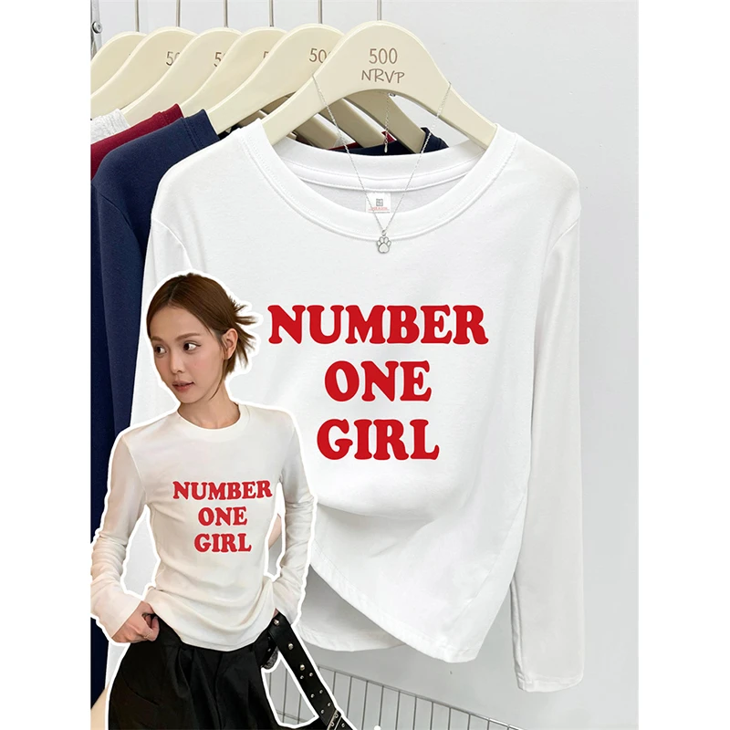 美式字母印花时尚ins圆领大码女装正肩弹力修身长袖打底衫t恤女潮