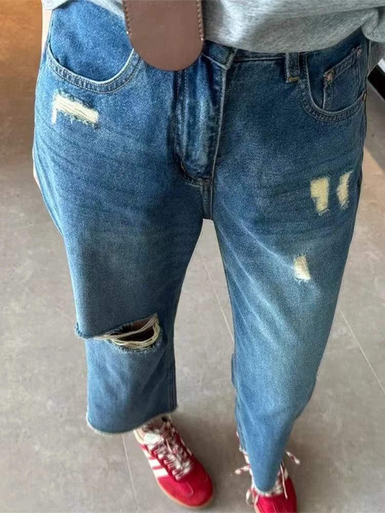 梨型身材破洞毛边阔腿牛仔裤女2025新款春夏八九分高腰宽松直筒裤