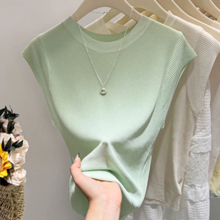 圆领短袖针织衫女夏季薄款休闲小飞袖宽松显瘦纯色简约坎肩上衣